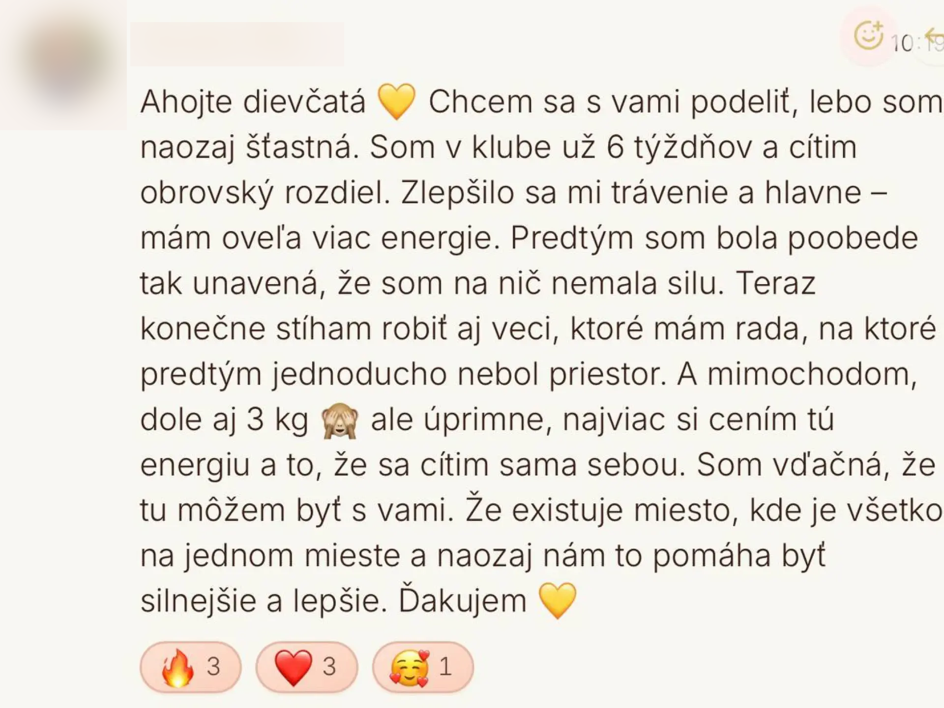 Anonymizovaný screenshot správy klientky z NutriGlow aplikácie