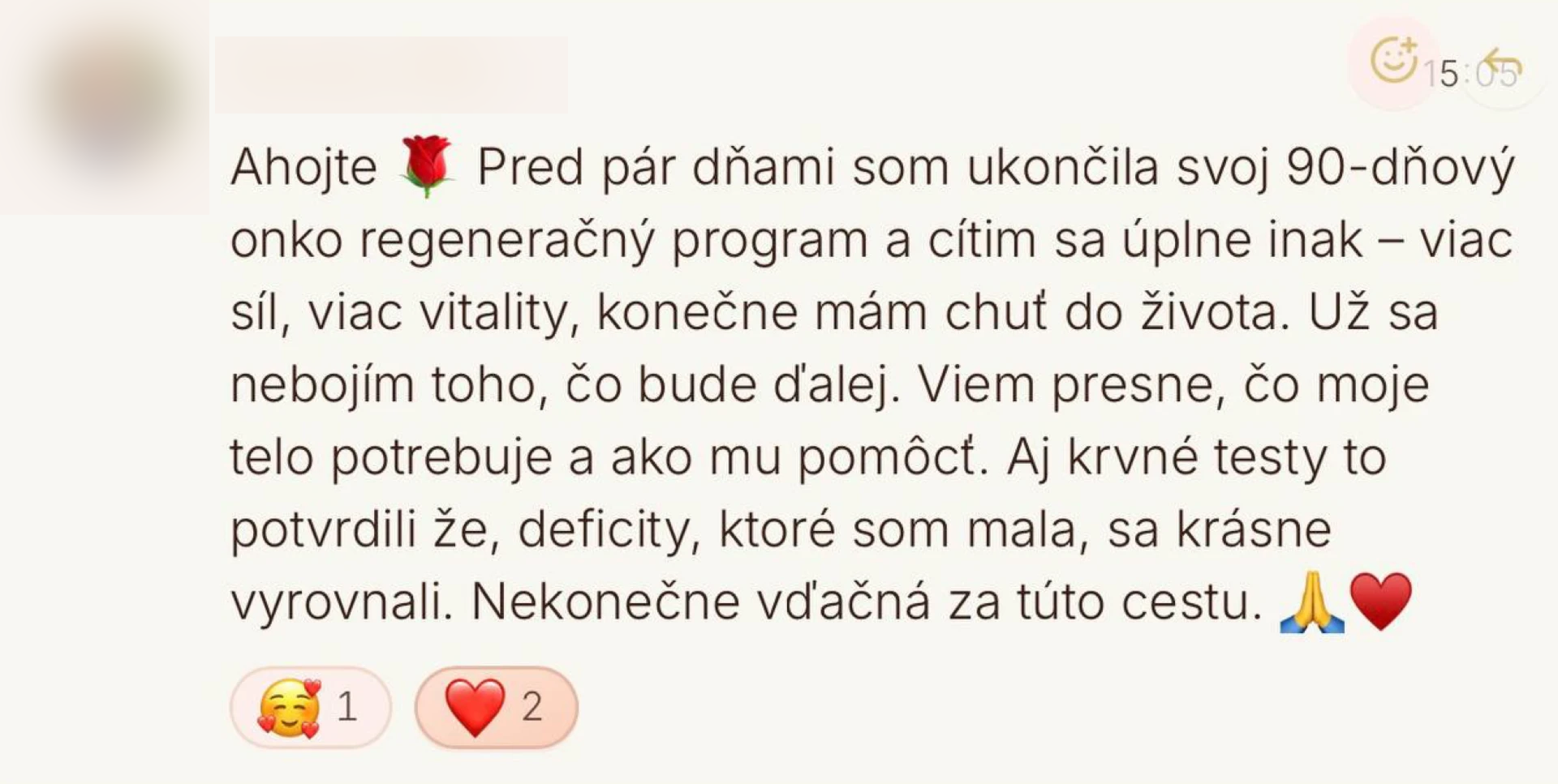 Anonymizovaný screenshot správy klientky po 90-dňovom onko regeneračnom programe