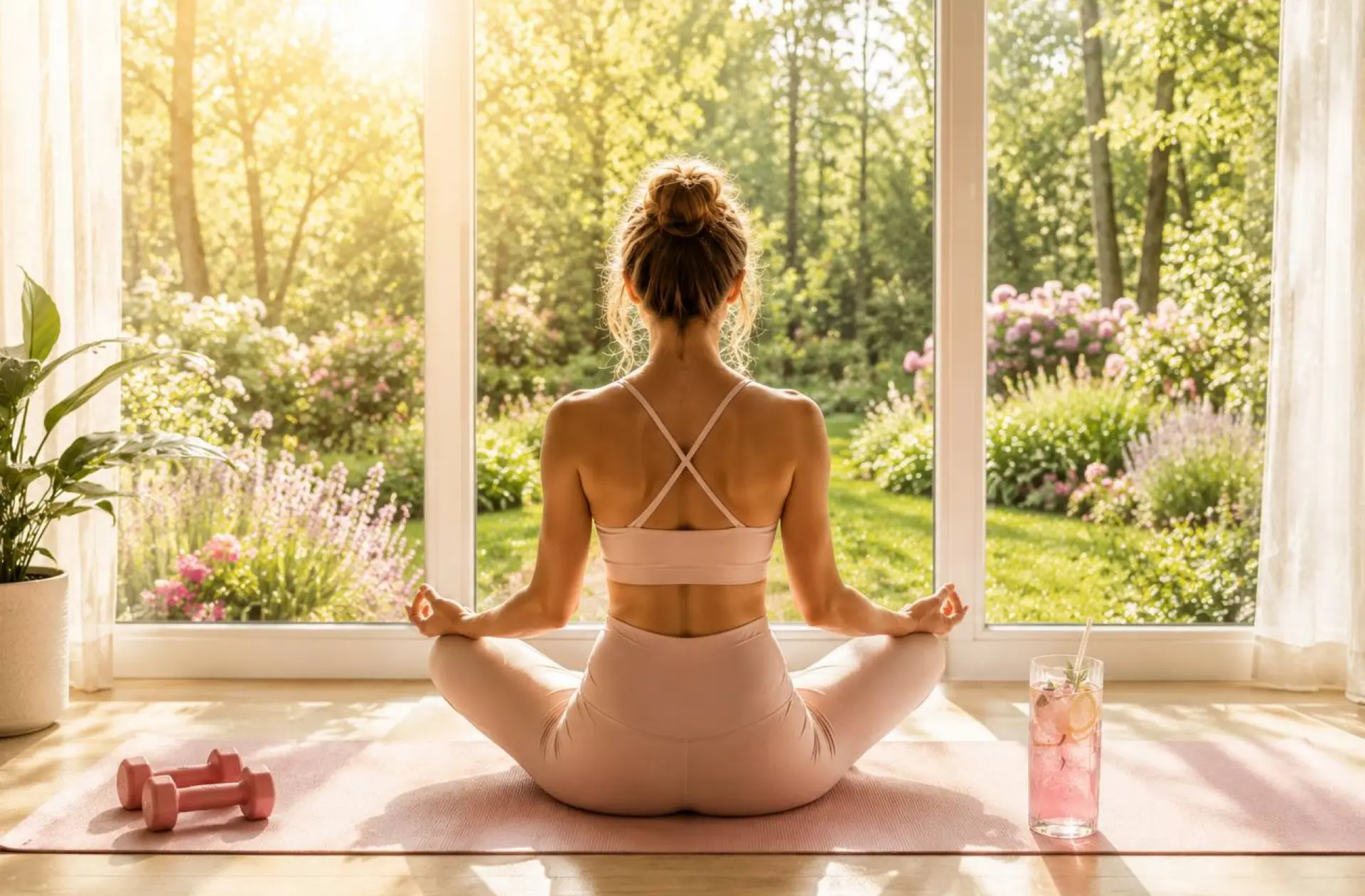 Žena pri meditácii na podložke pred oknom do rozkvitnutej záhrady