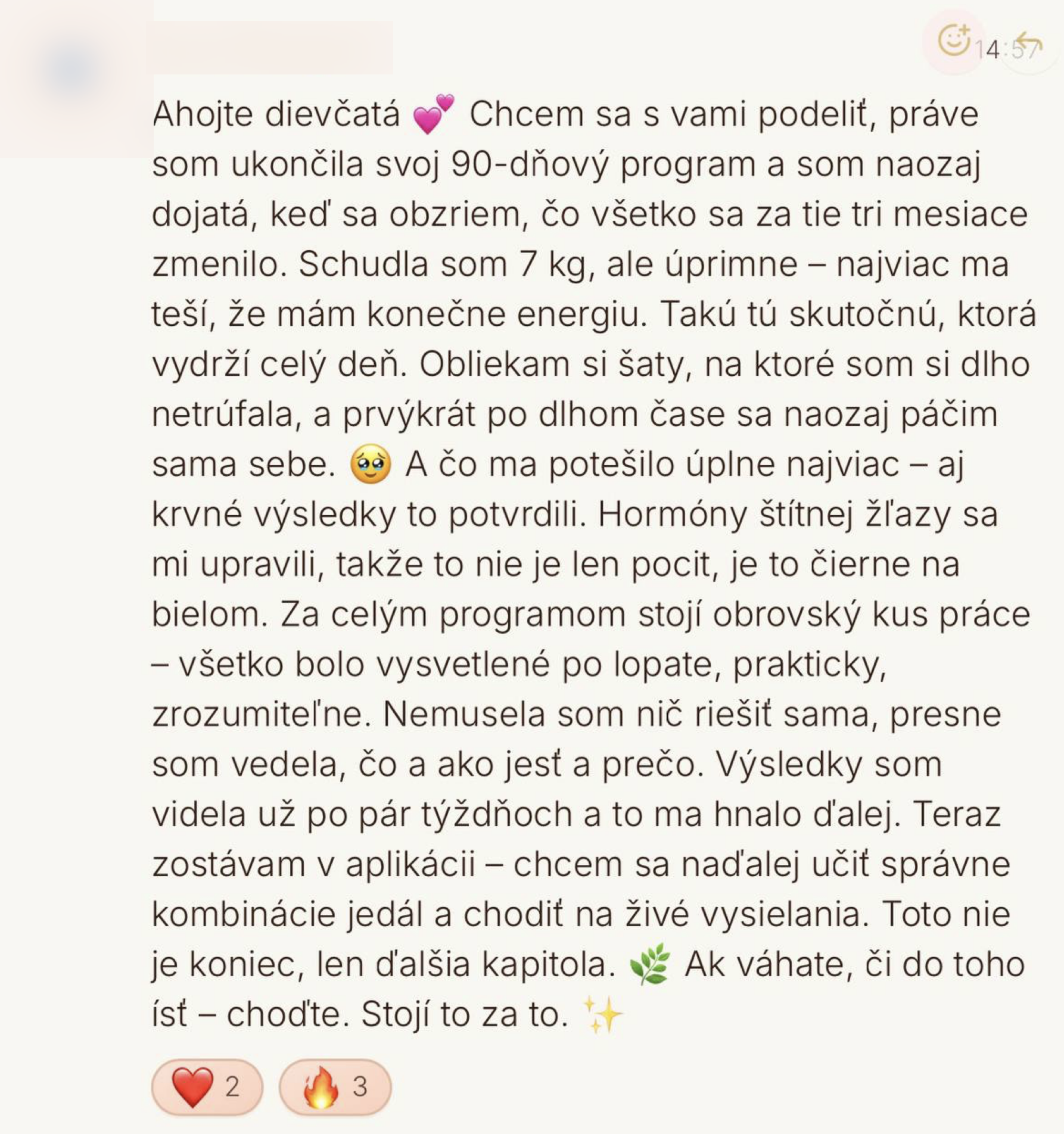 Anonymizovaný screenshot správy klientky po 90-dňovom individuálnom programe