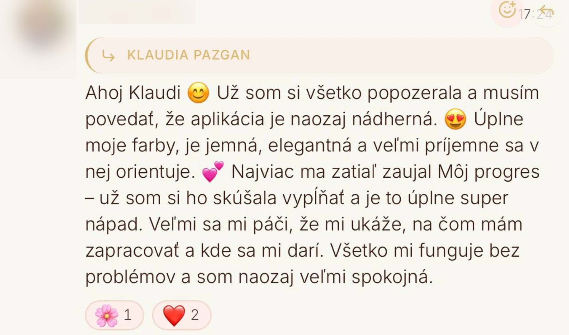 Anonymizovaný screenshot správy klientky o NutriGlow aplikácii